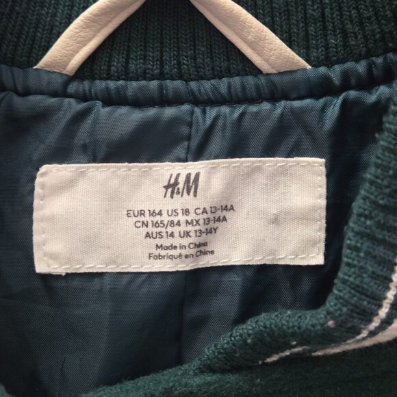H&M Kids Varsity Bomber Jacket | Green Letterman Coat | Size 14-16 (13-14Y) - Picture 4 of 11